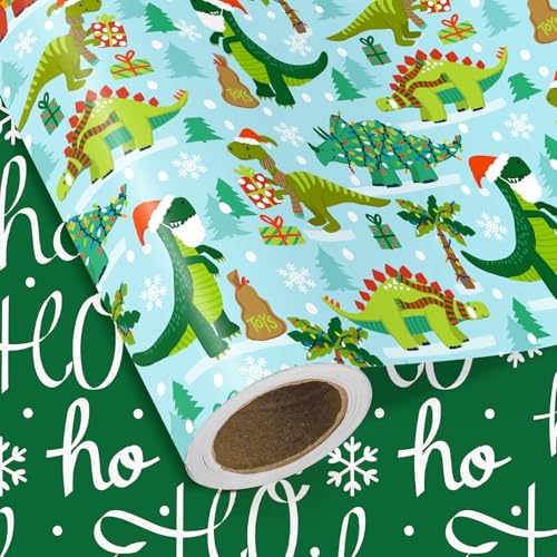 WRAPAHOLIC Reversible Dinosaur Christmas Wrapping Paper - Mini Roll - 17 Inch x 16.5 Feet - Blue Christmas Dinosaur Wrapping Paper with Green & White Ho Ho Ho Print for Boys Kids, Winter Season
