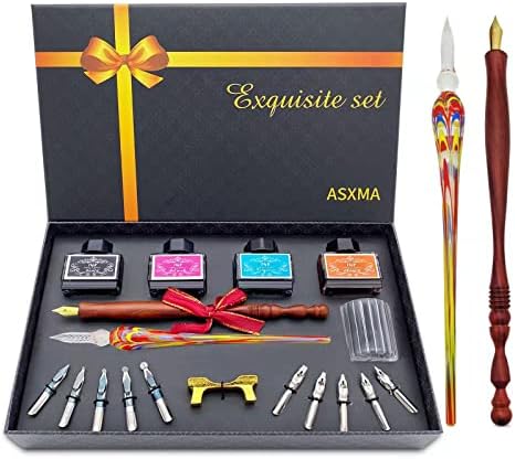 ASXMA Calligraphy Pens Gift Set - Personalized Caligraphy Pen Kits Calligraphy Set For Beginners&professional Include Glass And Wooden Dip Pen,Pen Holder,Various Sizes Of Nibs Etc
