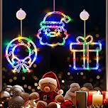 LOLStar Christmas Decorations, 3 Pack Wreath, Gift Box, Santa Claus Christmas Window Lights with Suction Cups, Battery Operated(Excluded) Indoor Lights for New Year, Built-in Slow Fade Mode and Timer