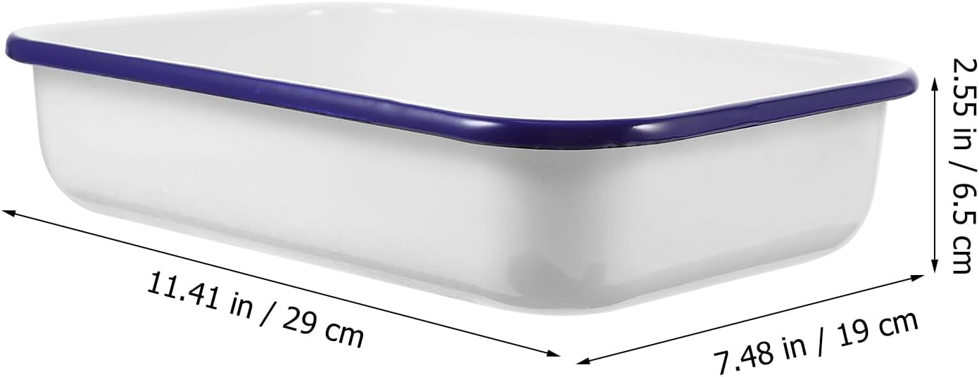 Cabilock Enamelware Collection Rectangular Enamel Baking Sheet White Serving Tray with Blue Rim Cookie Pan Butcher Tray Dish 19X28cm for Home Kitchen