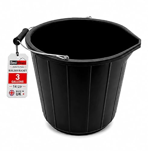 Image of BH | 1 Pc Black Builders Bucket | 14 Litres | 3 Gallon | Heavy Duty Plastic Bucket with Metal Handle | Water Bucket for Home, Garden & Construction Work | Made in UK - by BEST HOUSE