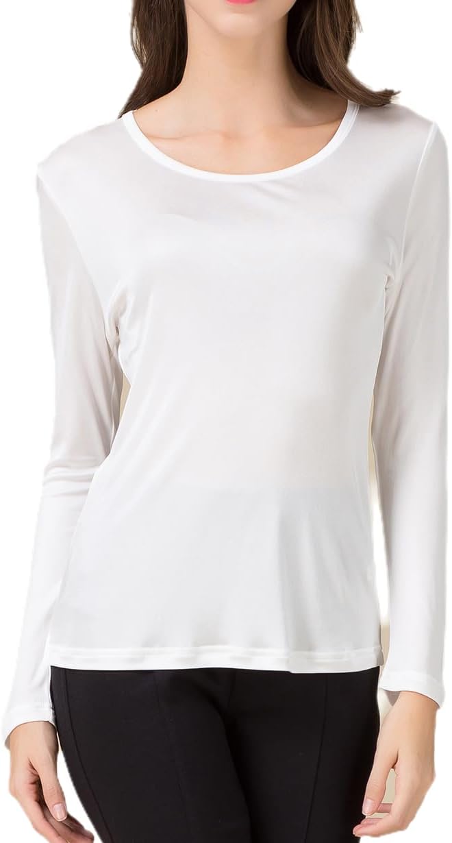Women's Mulberry Silk Thermal Shirts Knit Silk Round Neck Top Pullover Base Layer Undershirts Blouse Tops