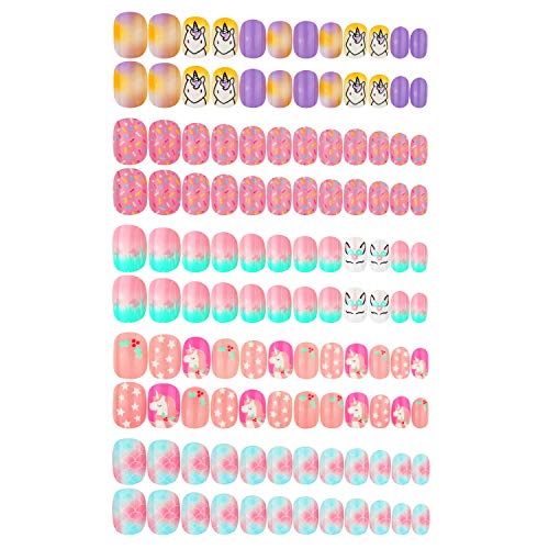 120pcs Pre-glue False Nails for Kids Press on Full Cover Short False Nail Tips Kit Fake Nails Birthday Christmas Gifts for Children Little Girls(5 pack)