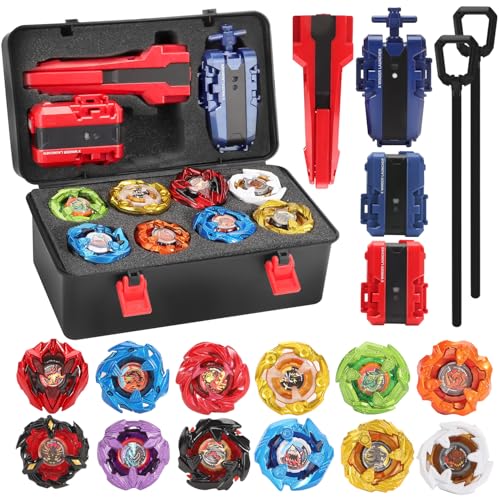 X Battling Top Toy Set 12 Spinning Tops 3 Launchers Metal Fusion Gyro Game with Portable Storage Box Birthday Gift for Kids Children Boys Ages 6+