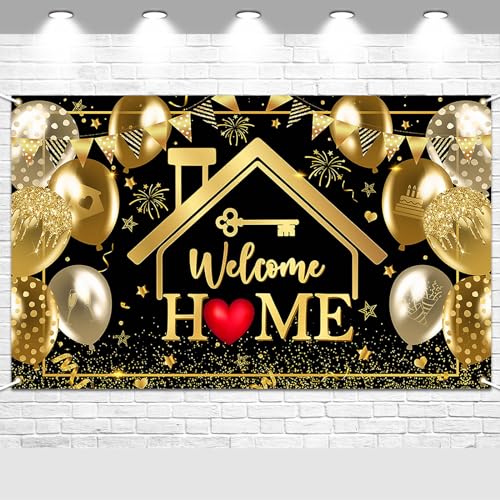 Avezano Welcome Home Banner Black and Gold Welcome Home Decorations Backdrop Family Reunion Party Supplies Banner 6 x 3.6 ft