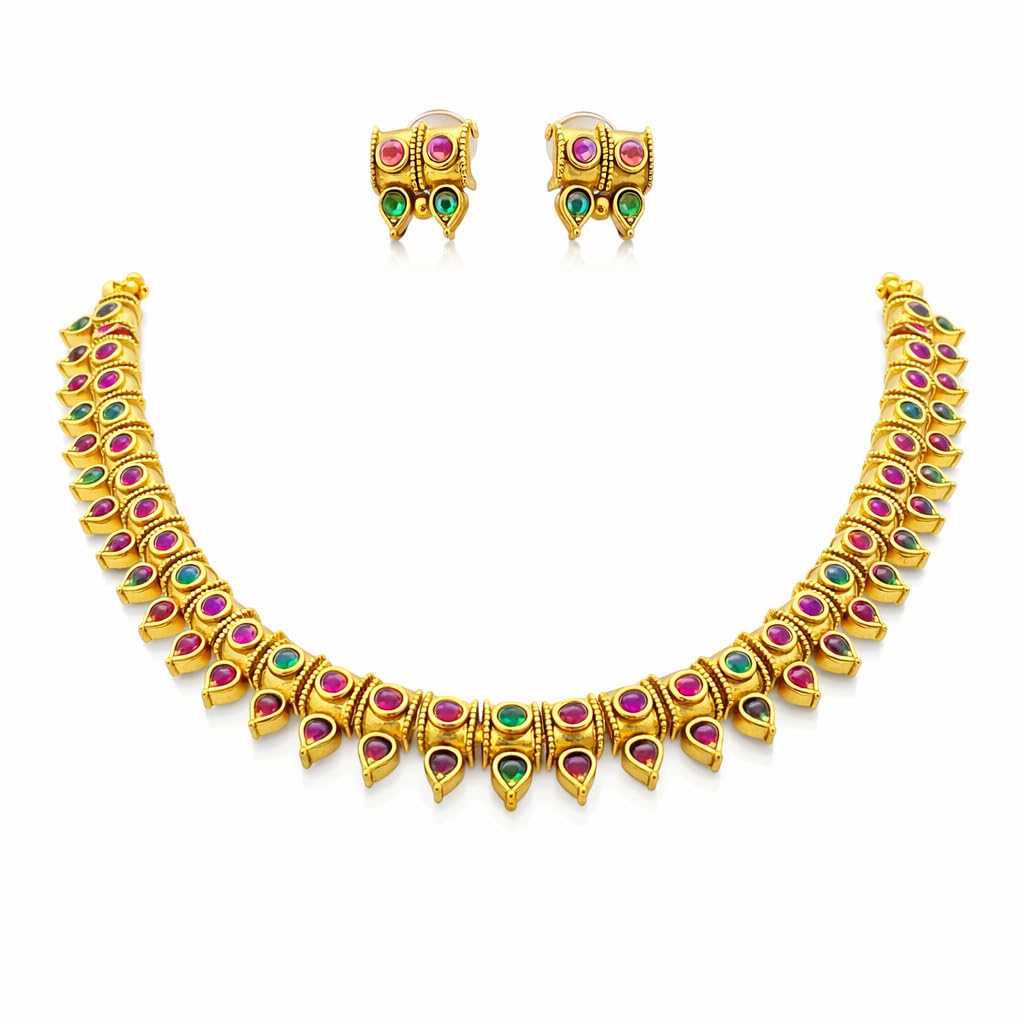 Gold Matte Finish Bridal Necklace & Earrings Set – Temple Style Jewelry (Ruby Red & Green)