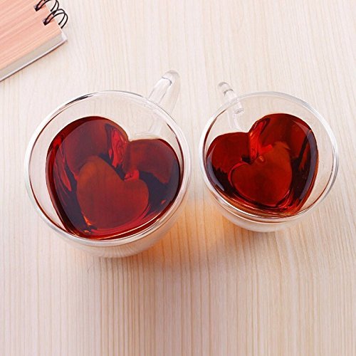 Xiaolanwelc@ Glass Tea Cup With Handle Heart Shaped Clear Double Wall Lovers Coffee Afternoon Tea Double Layer Glass Mug (240ml, clear)