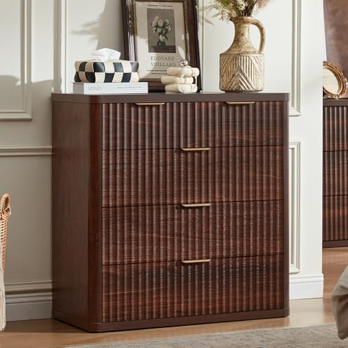 Image of LEYAOYAO Fluted 5 Drawers Dresser for Bedroom, 34 inch Tall Modern Chest of Drawers with Metal Handle, Curved Profile Design,Walnut Wood Drawer Organizer for Bedroom, Living Room, Hallway, Entryway