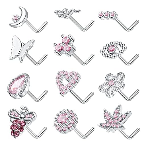 Staligue 12pcs 20G Nose Rings Studs L Shaped Nose Studs Stainless Steel Nose Piercings Flower Heart Snake Butterfly Moon Nose Rings Piercing Jewelry