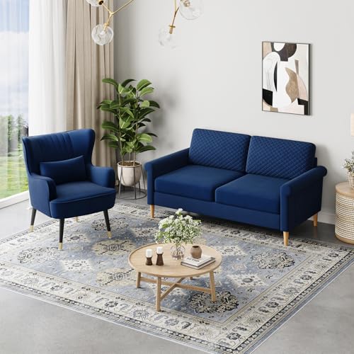 Vesgantti Velvet 2 Seater Sofa, 164cm Loveseat Sofa with Bilateral Pocket Storage, Upholstered Couch Perfect for Living Room, Bedroom, Office, Apartment, Tool-free Assembly, 164L*76D*85Hcm, Dark Blue - Image 2
