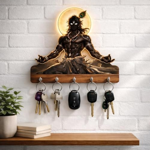 Image of DAKSHETSRY Artworks Lord Krishna Key Holder for Wall with 5 Hooks | Wooden Decorative Key Hanger for Home Entrance, Living Room & Office | Spiritual Wall Decor | Housewarming & Diwali Gift