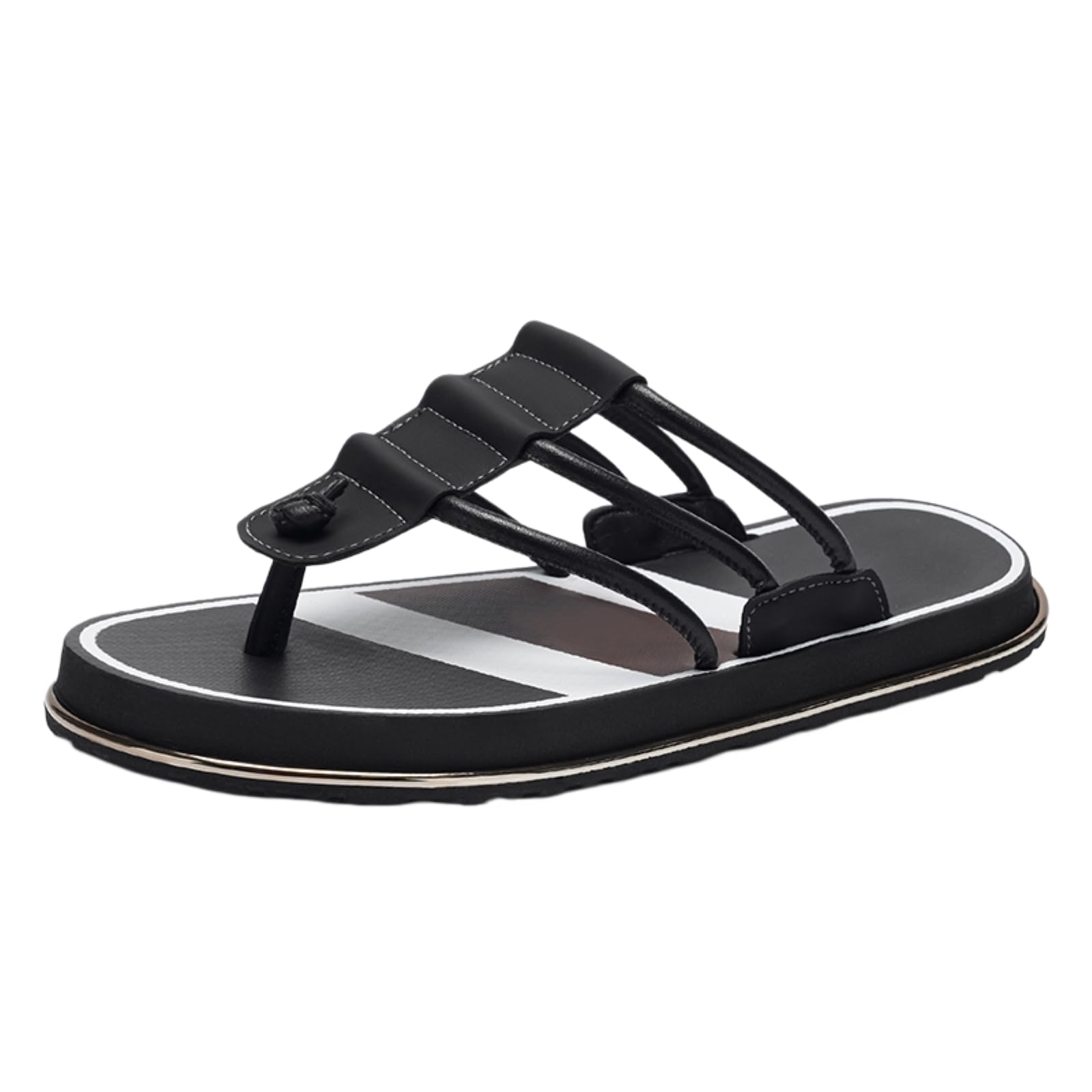 Chanclas De Playa Hombre Sandalias Cuero Tanga Los Hombres, Plantilla Goma Eva Suave Plana Antideslizante para El Verano Al Aire Libre-black-38