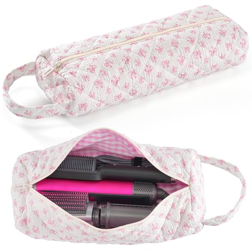 UUYUUY Hair Tools Travel Bag, Quilted Hair Tool Bag for Dyson Airwrap & Shark FlexStyle, Hair Dryer & Curling Iron Storage Organizer Portable Travel Case for Styling Accessories, Bow