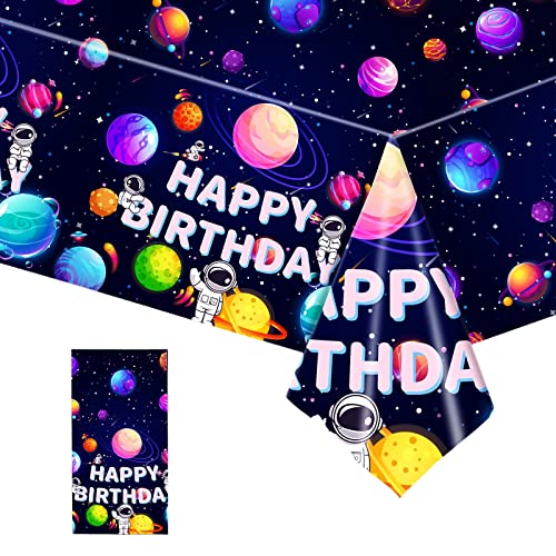 YAAVAAW 137 * 274cm Blue Happy Birthday Table Cloth Party for Boys Girls,Outer Space Astronautsh Party Plastic Tablecloth Table Cover for Kids Baby Girl Boy Birthday Planet Themed Party Decorations