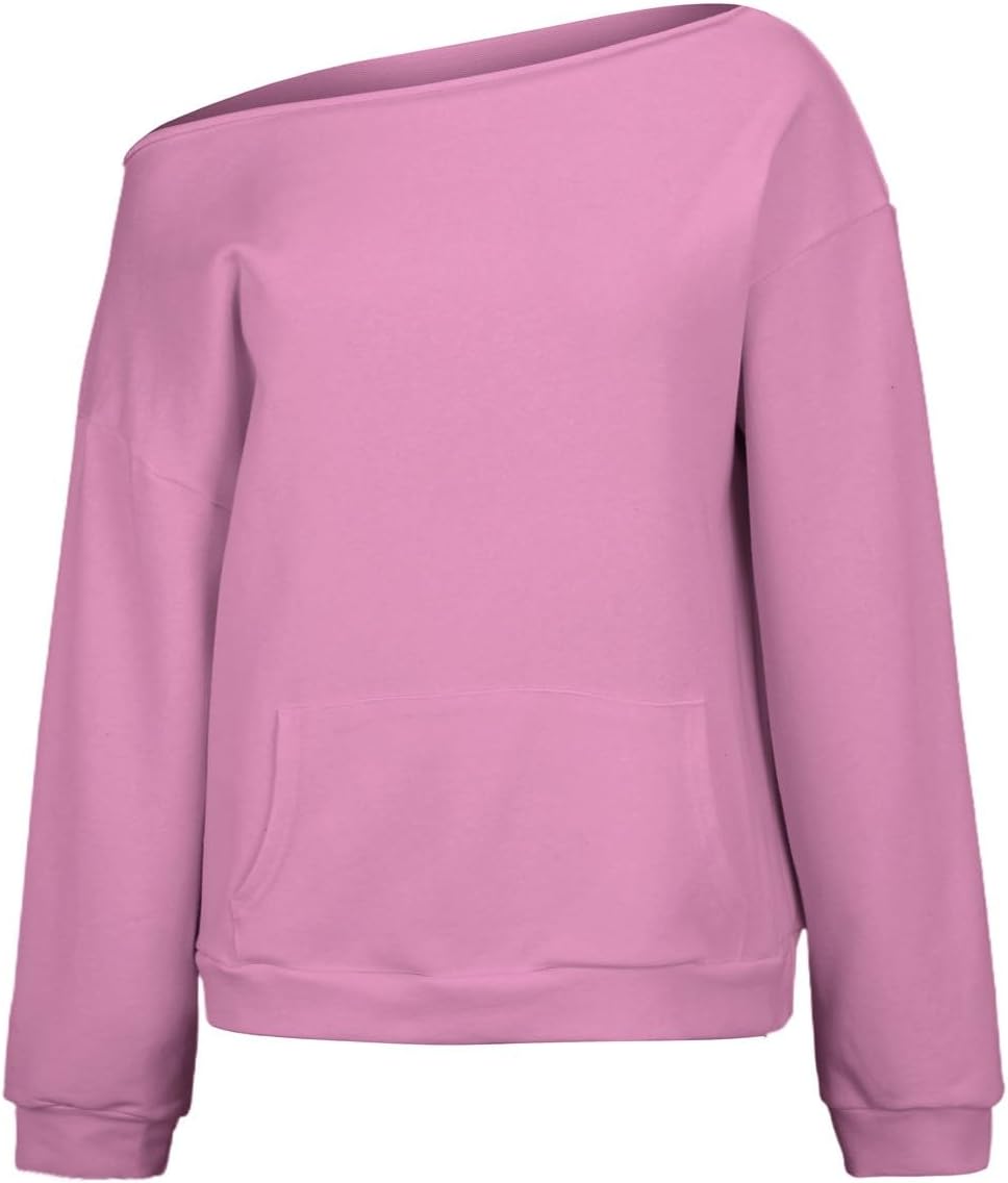 Womens Off Shoulder Sweatshirt Drop Shoulder Oversized Long Sleeve Pullover Top with Pocket