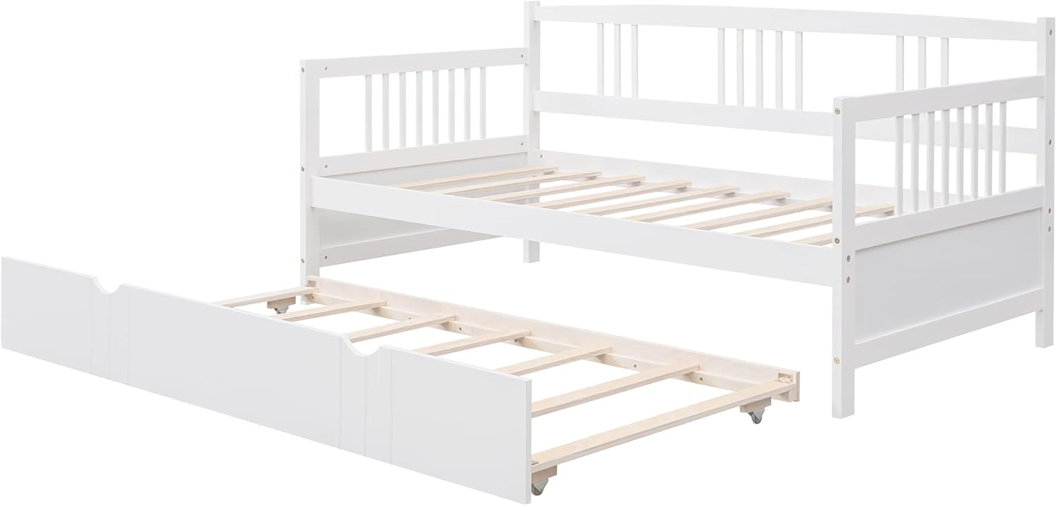 Flieks Wooden Daybed, Twin Size Daybed with Trundle, Modern and Rustic Casual Style Daybed, Wood Slat Support, No Box Spring Needed, Easy Assembly, White