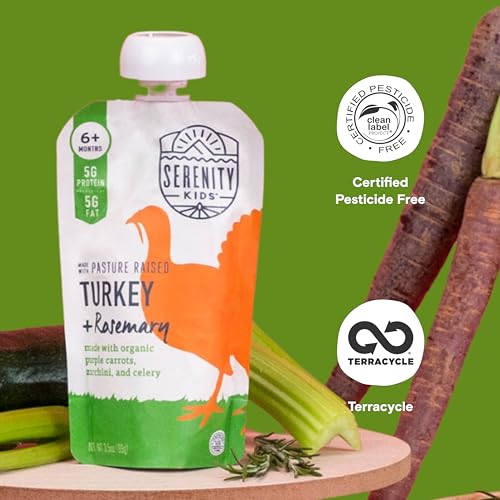 Image of Serenity Kids Organic Baby Food Pouches, Turkey & Rosemary, Protein, 3.5 Oz | Savory, Low-Sweetness, Protein-Forward Baby Snacks, Organic Veggie Puree, BPA-Free for Outings, GMO-Free, Toddler Food