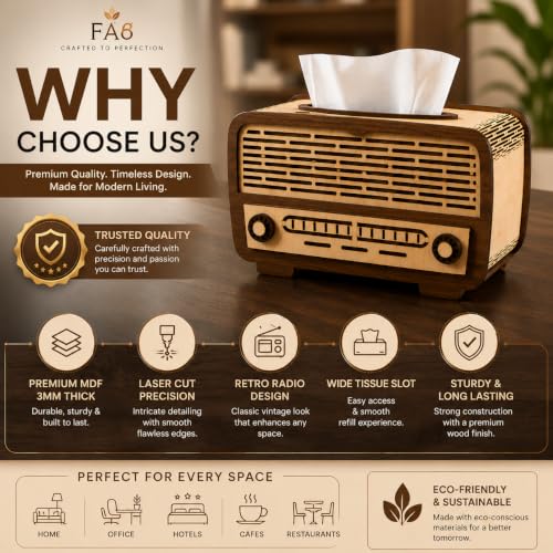 Image of Retro Radio Wooden Tissue Box Holder Decorative MDF Tissue Dispenser for Home & Office