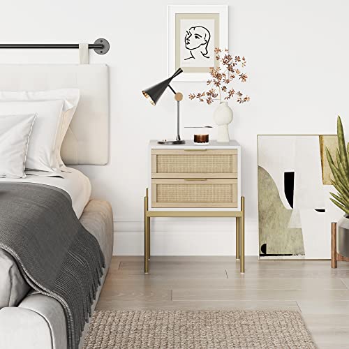 Nathan James Andrew Nightstand, Accent Bedside End Side Table With Storage Drawer, And Mid-Century Modern Legs For Living Room Or Bedroom, 1, White/Cane/Gold #TOP5