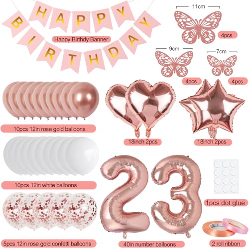 Image of Rose Gold 23th Birthday Decorations for Women, 23 Year Old Sign with Happy Birthday Banner, 40In Number 23 Foil Birthday Balloons, Butterfly Decorations, Heart and Star Balloons