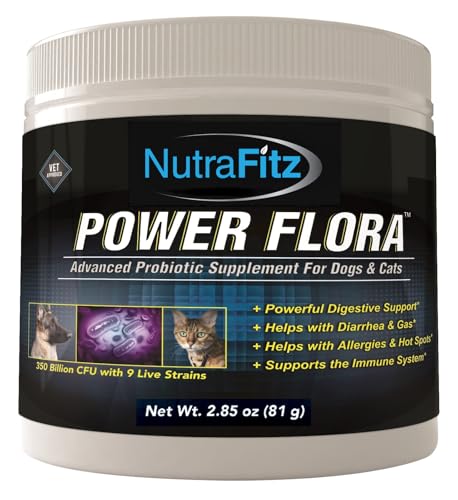 Power Flora - Probiotics for Dogs and Cats with 9 Live Strains - Dog Probiotics Improves Dog Breath, UTI, Diarrhea, Constipation, Skin Allergy, Hot Spots - Odorless Powder - 350 Billion CFU/jar