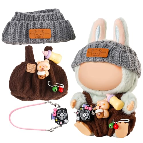 Chritice 3 Stück Puppenkleidungs Set für Puppe,Kompatibel mit Labubu,Hellblau Hose,Hut & Kamera Puppenzubehör Vinyl Plüschtier Niedlich Outfit Accessoires für Puppen