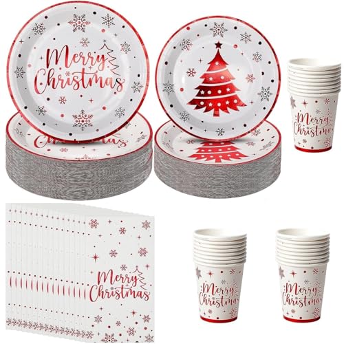 KAHEIGN 100 Piezas Vajilla de Papel para Fiestas Navideñas, 25 x 23CM Platos Grandes, 25 x 18CM Platos de Ensalada, 25 x 270ml Vasos, 25 x 16CM Servilletas - para Festivo Navidad Fiesta Decoración