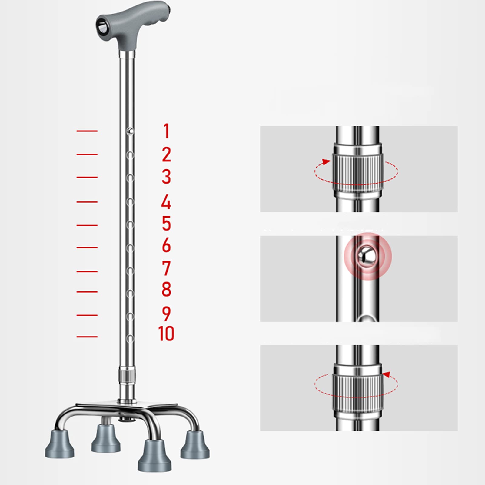 Ajustable Altura Bastón De 4 Patas Con Luces LED Masaje Cacha T Para Hombres Y Mujeres Ligero Bastón De A Pie Cómodo Estabilidad Extra Basar Ayuda De Movilidad,Silver a