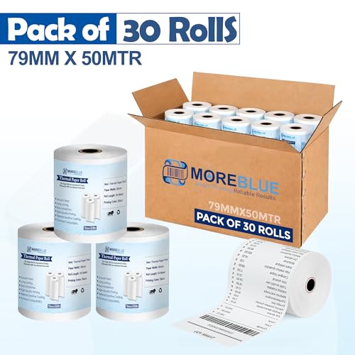 Image of MOREBLUE Thermal Paper Rolls 3 Inch (79mm x 50m, 55 GSM) | Ink-Free Receipt Paper for POS, Billing Machine, Credit Card Machine, ATM & Thermal Printers Pack 30