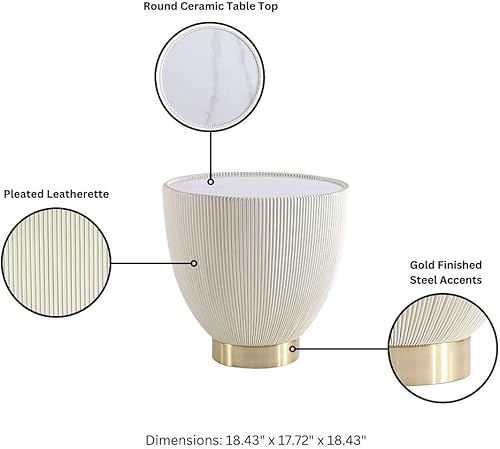 Miniatura 4 de Manhattan Comfort Anderson - Mesa auxiliar redonda moderna de 18 pulgadas 2.0  Mesa de mármol de cerámica, elegante diseño de cuero sintético