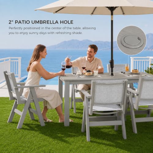 Image of 7-Piece Patio Dining Table Set, 69 inch Rectangle HDPE Outdoor Table & 6 Textilene Chairs Set with 2 inch Umbrella Hole, Wood-Look Finish, All-Weather Dining Set for Backyard, Poolside, Light Gray