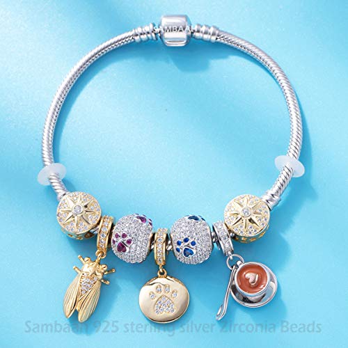 Image of Dog Paw Charm Sterling Silver Dog Footprint Puppy Pet Paw Charm with Cubic Zirconia Crystals Fit Pandora Bracelets