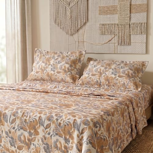 Image of LANE LINEN Symphony | 100% Cotton Sheet Set | Soft & Breathable Fabric | 3 Piece (1 Bedsheet + 2 Pillow Covers) | Double Bed Sheet Set - Mustard and Grey Floral