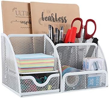 EasyPAG Office Mesh Desk Tidy Versatile Stationery Storage Desktop Organiser Pen Holder with Drawer,Silver