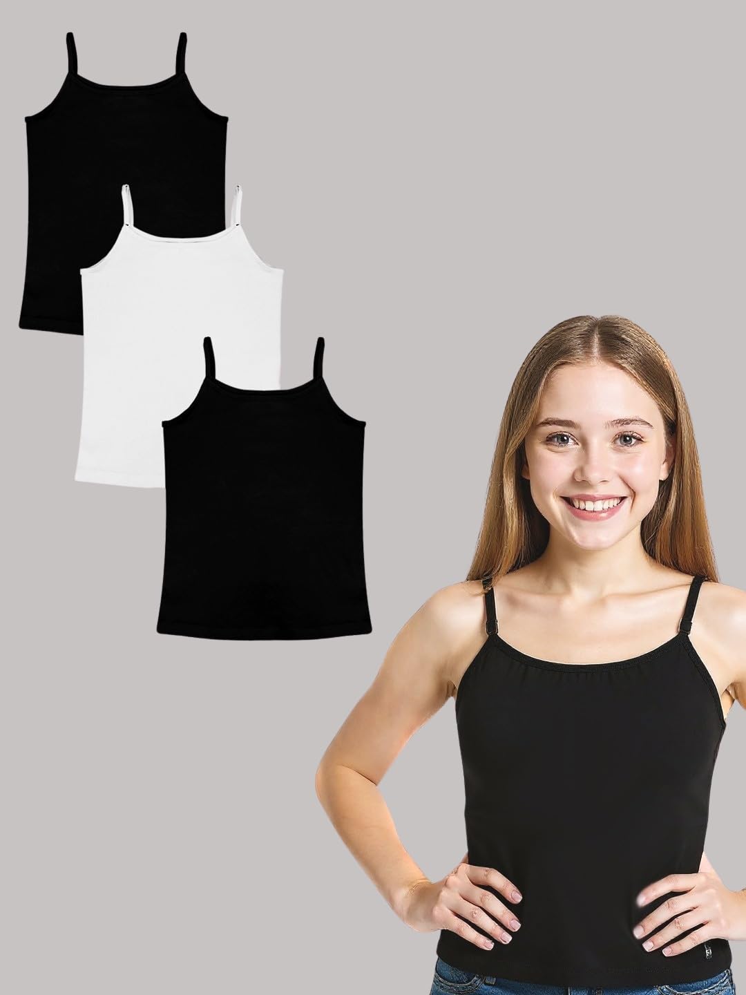 A.T.U.N. (ALL THINGS UBER NICE) Girls Premium Padded Cotton Camisole (Pack of 3) | Soft & Breathable Innerwear Slip For Preteen and Teen Girls | Stretchable Everyday Essential | Ages: 8-18Y