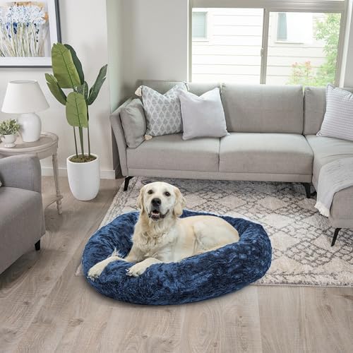 Best Friends by Sheri Original Calming Donut Dog and Cat Bed, Lux Faux Fur, Navy Blue, Large (36in x 36in) - Helps Provide Anxiety Relief for Pets - Thumbnail 7