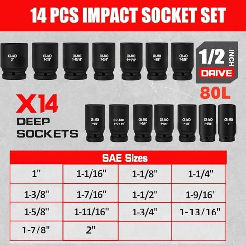 Image of TONYNOL 1 /2 inch Inch Drive Deep Impact Socket Set,6-Point,SAE Sizes(1 inch-2 inch),14 PCS,Cr-Mo Steel,Heavy Duty Impact Sockets for Automotive & Industrial Machinery,With a Storage Case