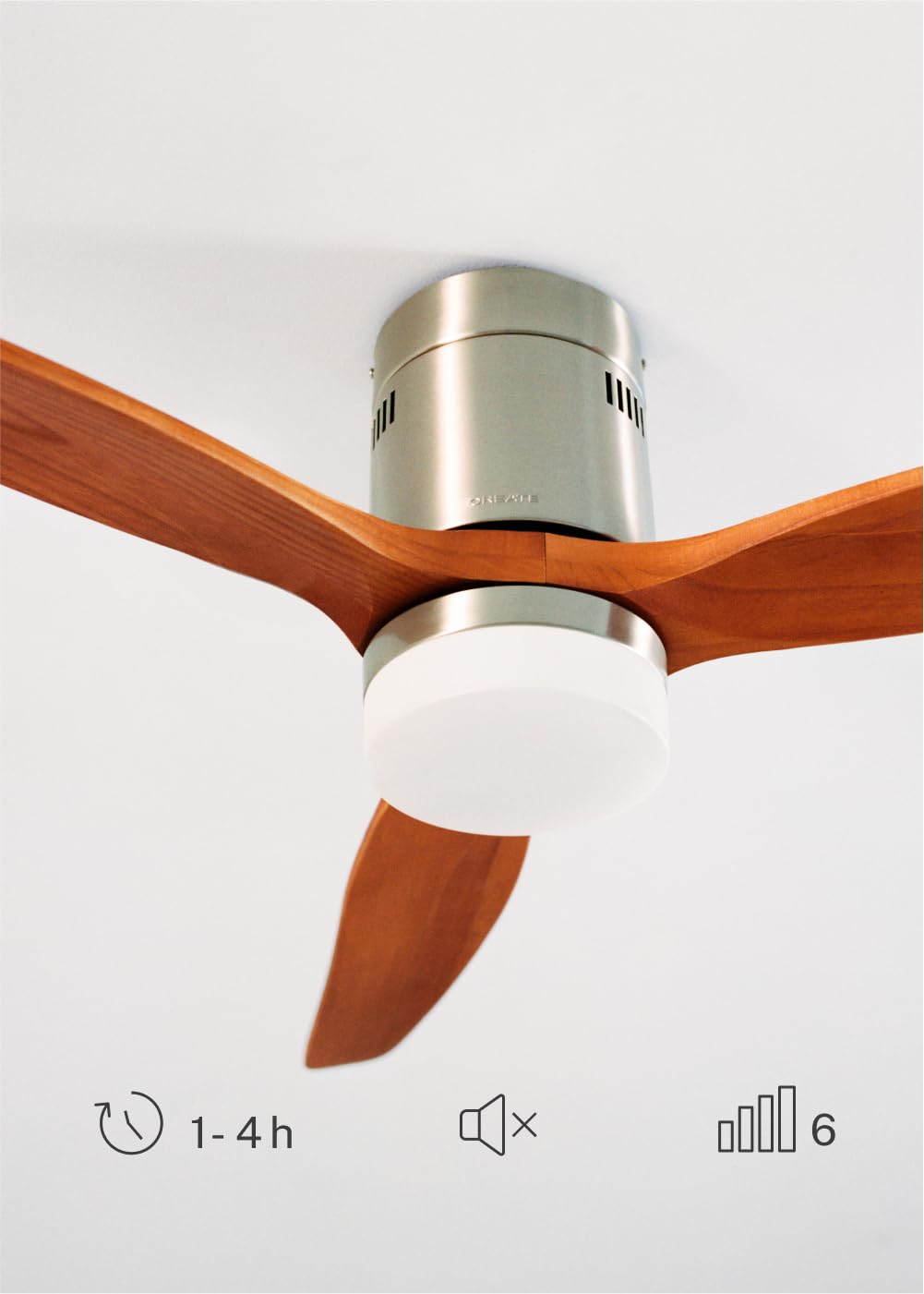 CREATE / WINDCALM NATURAL WOOD M/Ventilador de techo con luz níquel aspas madera oscura y mando / 40W, Temporizador, Ø132 cm, 6 velocidades, 3 temperaturas de luz, función verano-invierno