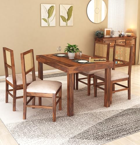Image of MoonWoode Sheesham Wood 4 Seater Dining Table Set with Cushion Chairs Cane Webbing Wooden Dining Room Dinner Table for Home Living Room and Restaurant Furniture (Honey Finish)