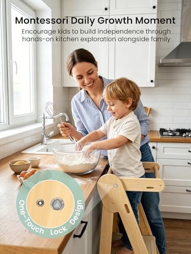 Image of Grownsy Foldable Step Stool Toddler Tower, Toddler Kitchen Stool Helper, Collapsible Kids Standing Tower with 3 Adjustable Heights for Kitchen Bathroom Sink Counter (Natural)