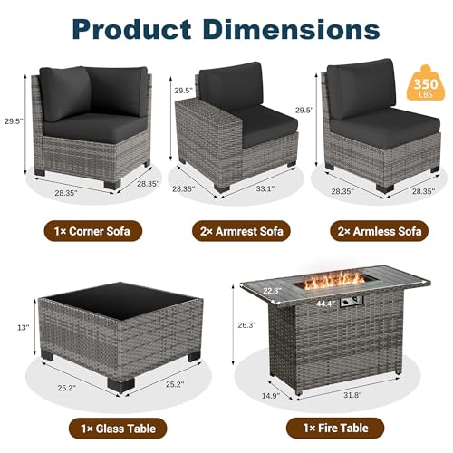 Image of 7 Piece Patio Furniture Set with Fire Pit Table, Outdoor Sectional Conversation Sets Wicker Rattan Sectional Sofa with Coffee Table for Patio Garden Backyard, 4'' Thickened Cushion Black