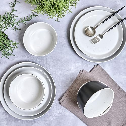 Image of Sango 12-Piece Stoneware Dinnerware Set for 4, Modern White & Black Plates and Bowls Sets with Speckled Glaze, Durable Kitchen Ceramic Dish Set, Microwave & Dishwasher Safe Everyday Dishes, Stockholm