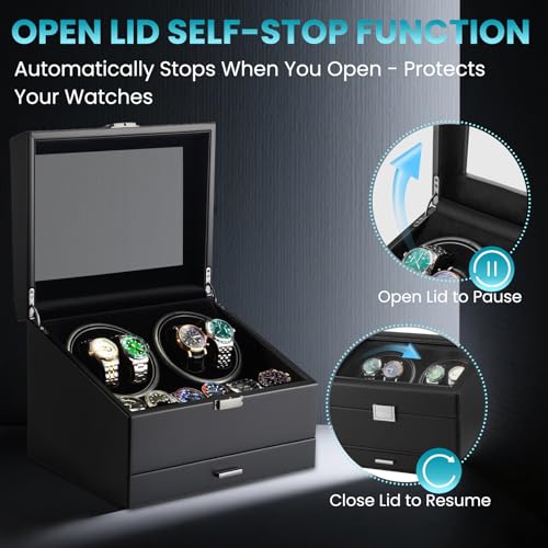 Image of J&T Technology Watch Winder for 4 Automatic Watches, Watch Winder Box with Watch Holders and Jewelry Storage, Quiet Japan-Made Motor,LED Light,Gift for Men & Women