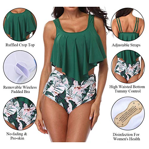Image of Women High Waisted Bikini Swimsuit Flounce Vintage 2 Piece Bathing Suits | Vintage,tummy control,two piece bathing suits,plus size,swimwear,ruffled,tankini top,bikini bottom