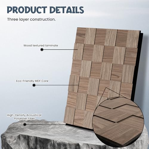 Paneles acústicos de pared 3D SMARTSTANDARD Mosaic 4 piezas 23.6" x 23.6", nogal miniatura 3