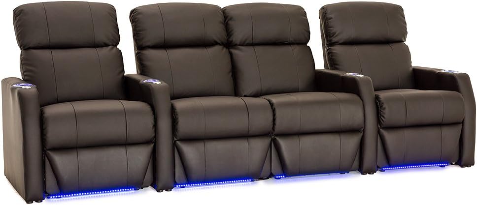 Seatcraft Sienna Home Theater Seating, Living Room, Power Recline, Cupholders, Ambient Base Lighting, Space Saver (Brown, Row of 4 with Center Loveseat)