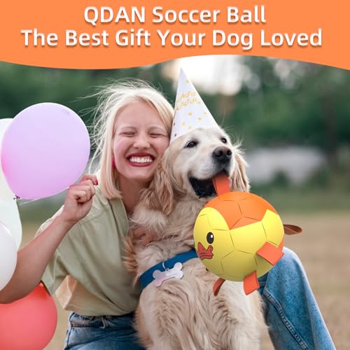 Image of QDAN Dog Toys Soccer Ball with Straps, Interactive Dogs Toys for Tug of War, Puppy Birthday Gifts, Dogs Tug Toy, Dog Water Toy, Durable Dog Balls for Medium & Large Dog - Duck(8 Inch) | Durable Dog Balls for Aggressive Chewers, Interactive Soccer Ball Toys, for Tug of War, Birthday Gifts for Large Dogs, Duck