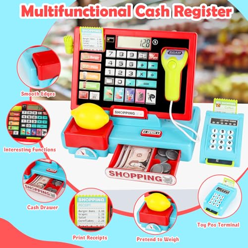 image for Meaicezli 70Pcs Toy Cash Register for Kids Ages 4-8 with Scanner & Sho