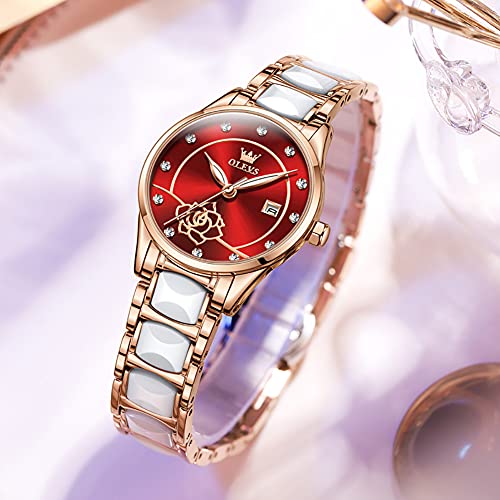 Image of OLEVS Women's Wristwatch, Fashionable, Easy to Read Japanese Movement, Popular, Cute, Date, Luminous, Waterproof, Valentine's Day Gift, wine red - 3606