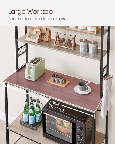 Image of VASAGLE Coffee Bar, 39.4 Inches Baker's Rack for Kitchen with Storage, 6-Tier Kitchen Shelves with 6 Hooks, Microwave Stand, Industrial, Heather Greige and Ink Black UKKS039K02